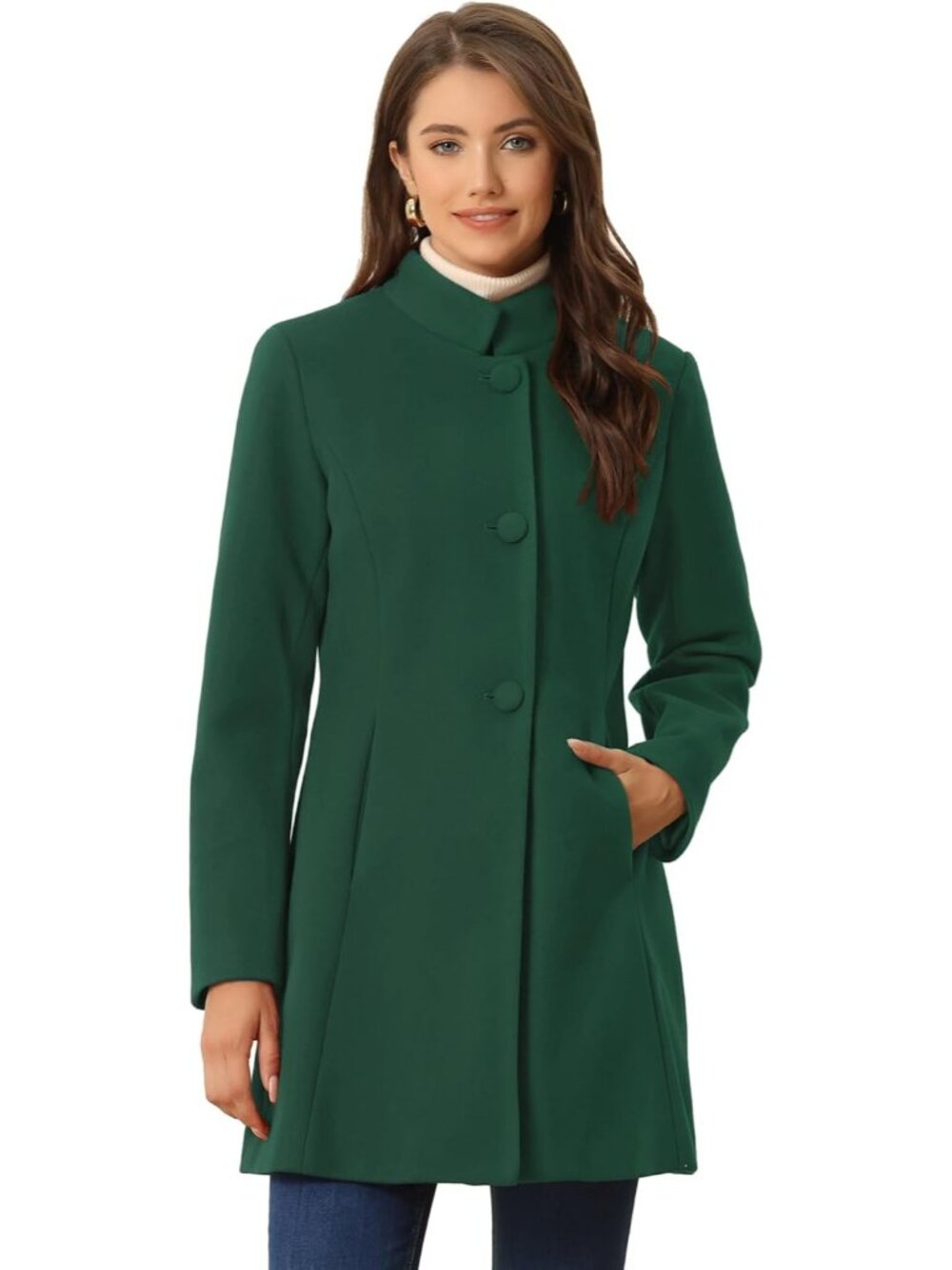 Women's Dark Green Mid-long Stand Collar Single Breasted Loose Fit Trench Coat
